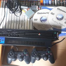 PS2 chipped with games and 2 controllers in good working order the case is scratch on top.have back panel somewhere and memory card or cards