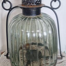 Victorian very heavy glass and metal lantern 14" tall