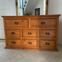 Solid wood
Heavy 
Has 8 draws
Slight discolouration on top as shown in photo
Overall good condition 
Width 125cm
Depth 58cm
Height 90cm