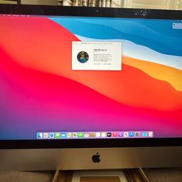 Incredibly high specification late 2014 iMac with the following:
27-inch (diagonal) Retina display with IPS technology;
5120‑by‑2880 resolution;
4.0GHz quad-core Intel Core i7 (Turbo Boost up to 4.4GHz);
32GB (four 8GB) of 1600MHz DDR3 memory; four SO-DIMM slots, user accessible;
3TB Fusion Drive;
AMD Radeon R9 M295X with 4GB of GDDR5 memory;
VESA mount (wall mounted - no stand);
FaceTime HD camera;
Support for extended desktop and video mirroring modes;
Stereo speakers;
Dual microphones;
Headphone port;
SDXC card slot;
Four USB 3 ports (compatible with USB 2);
Two Thunderbolt 2 ports;
Mini DisplayPort output;
Support for DVI, VGA, and dual-link DVI;
10/100/1000BASE-T Gigabit Ethernet (RJ-45 connector);
Kensington lock slot;
Apple Wireless Keyboard;
Magic Mouse;
802.11ac Wi-Fi wireless networking; IEEE 802.11a/b/g/n compatible;
Bluetooth 4.0;
Height: 20.3 inches (51.6 cm);
Width: 25.6 inches (65.0 cm);
Weight: 21 pounds (9.54 kg);
Loaded with macOS Big Sur 11.7.7 (latest supported).