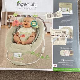 Cradling seat / bouncer for use from birth - has adjustable 3-point harness. New in sealed box as received 2 similar gifts. Removable head support, cushioned foot rest and sides, easy to clean seat pad, removable toy bar with plush toys.
Requires 3 C/LR14 batteries for additional calming vibrations and 7 soothing melodies.
Offers welcome.