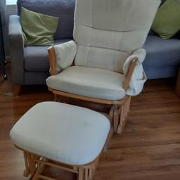 Dutailier Sturdy Wood Glider Maternity Nursing Rocking Chair With Footstool. I have this very comfortable glider chair for sale. It’s in a pretty good condition,just covers are little bit grubby in places.There is a leaver on the side to stop it from rocking in three different positions. It glides very smoothly and so does the foot stool. It has padded arm rests with pockets.