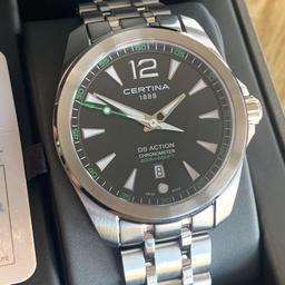 Mens Swiss Certina ds action quartz watch. 41mm case. 200m divers. New battery fitted in the Swiss V8 3 jewel chronometer movement in good working order. Original stainless steel bracelet in good condition securing well. Will fit a wrist of around 7 inches. Comes with box and card. No spare links. Will post special delivery. Thank you.