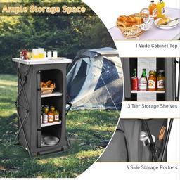  Folding Camping Storage Cabinet, Portable Pop-Up Cupboard with 3 Compartments, Side Pockets and Carry Bag, Outdoor Waterproof BBQ Picnic Cupboard Storage Shelving Unit