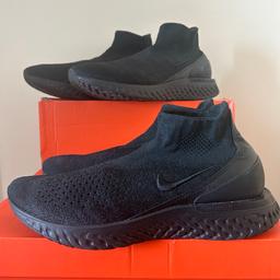 nike rise react flyknit.

Triple black

Perfect condition

Size 8.5 available 

(Size 10 *SOLD*)

*Both items worn outside balcony in photo shoot*

Please feel free to request selective pictures of this item

Super comfortable

Very difficult to find in triple black, a well sought after Nike footwear, a very rare colour in an average foot size to purchase today. A real top footwear to own. Triple black fly knit Nike reacts