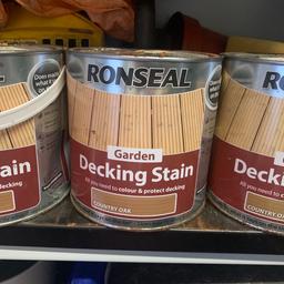 Ronseal decking stain in country oak colour. Brand new never opened. Bought too much so just surplus to requirements. £15 per tin. 3 tins available. This is very cheap for this product. I am not accepting offers in view of the original cost. Save yourself some pounds and bring that decking up to looking like new again! PRICE IS FOR 1 Tin. 3 tins available.