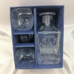 This Ideal Lancashire Crystal Three Piece Gift Set is in Fantastic Condition with Personalised Engravings

Shows the Rollings Coat Of Arms on the Square Cut Decanter & Graham & Dorothy on the Shot Glasses

Shows Detailed Crystal Glass Fabrication works throughout this piece with Superb Rectangular Edging ~ Shaped and Pressed on a Iron/Stone Wheel for added Glimmer & Light Reflection (please see exact condition in many pictures available).

British Lancashire Crystal Decanter ~ Engraved Rollings Coat Of Arms & Shot Glasses

Light reflection is picked up in my  detailed pictures, just to clear this up there are no marks on this fabulous piece.

Approx Dimensions
Decanter
Height: 12cm
Depth: 10.5cm
Width: 5.5cm
Shot Glasses
Heights: 6cm
Depth: 5cm
Width: 4cm
Combined Weight: 583g

Decorative vessels like this one, made of crystal, are excellent for holding pretty much any kind of alcoholic spirit.