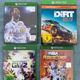 Zu verkaufen 4 Stück Xbox one games
-Dirt rally legend edition 20.-
-NBA 2k playgrounds 2.  10.-
-Fifa 18.                               10.-
-Plants vs Zombies gw2.  10.-