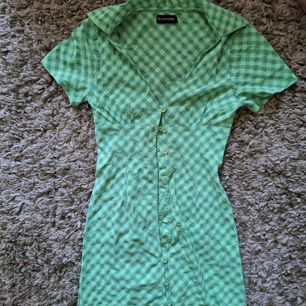 New Pretty little thing green checkered mini shirt button dress size 8