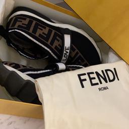 - Womens black Fendi fabric trainers. 
- Have been worn multiple times and signs do wear and tear can be seen in the first two images. 
- originally purchased for £710 retail price. 
- comes with box and both bust bags.