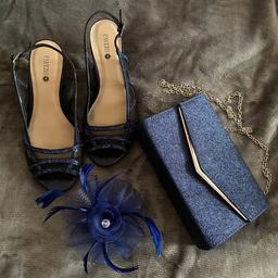 Blue evening bag with chain, blue fascinator, and blue strappy sandals, size 2 to 6, wide fitting, decorated with blue gems. Worn for a few hours, so in good condition. Sorry no boxes.