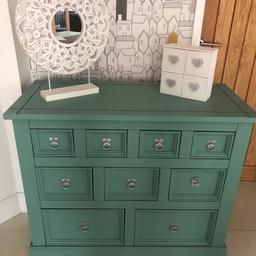 Mexican pine 9 drawer merchants chest. Painted in a limited edition Frenchic chalk paint with silver handles. 101 cm w. 45 cm w. 83 cm w. Cash only