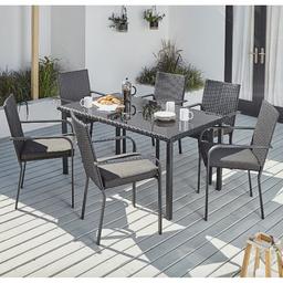 Black and Charcoal 7 piece patio set for sale.

Finished in a black hand woven poly-rattan weave, this set includes one toughened glass-top table and six dining chairs complete with removable seat cushions.

Dimensions-
Chair: W54 x D61 x H92 cm
Table: W150 x D90 x H72 cm

• Black weave with charcoal fabric
• This set includes: 6x stackable dining chairs (6x cushions included) and 1x dining table
• Hand woven poly-rattan finish
• Removable polyester seat cushions
• Manual included

This dining set has some slight scratches on the glass table top and slight rust and general marks whilst being in storage. Selling as a set and comes with cushions which are in great condition.

Collection in Battersea.