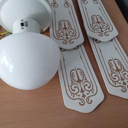Ceiling fan with light , complete with all fittings. Gold colour pulls, 4 blades with gold pattern. Just as removed from ceiling , working fine. Would need confident person in electrics to install.
COLLECTION ONLY.   NOAK BRIDGE
BASILDON