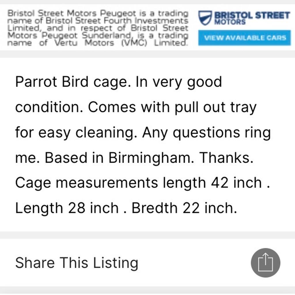 Large Parrot Bird. Pull out tray for easy cleaning. See last photograph for cage measurements.