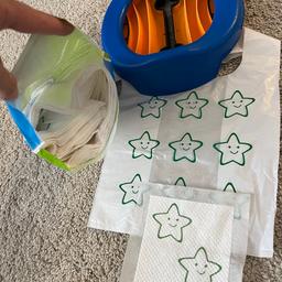 Portable potty. Life changing for toddlers who are getting potty trained if you’re in the park or anywhere else outdoors, its bags are disposable liners super absorbent and easy to use for up to 150ml if liquid. About 25 more bags included in the bag.