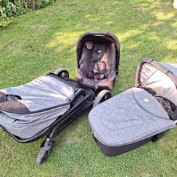 Joie Chrome travel system.
Good used condition, few scratches to frame. small hole in car seat hood and a white paint stain, doesn't affect use.

Parent and world facing, folds as one.
Includes carrycot and carrycot raincover.

collection only