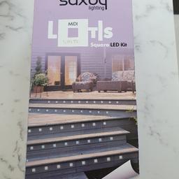 Saxby Lighting 10 piece 30mm square White LED lighting kit. 
Brand new, never been used.
Ideal for internal & external use.
Stainless steel front panel with frosted window.
15m cable & Transformer
Waterproof rating IP44
Designed to sit flush on any hard flat surface.
Collection B90