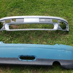 BMW mini one cooper , both 2007 onwards , R55 R56 front bumper Bare shell in silver , Rear mini bumper in blue with spolier, toe eye cap, both need rufurbing , collection only .