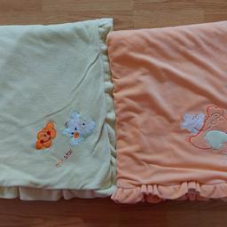 2 baby thick blankets, one orange and other green. in very good condition