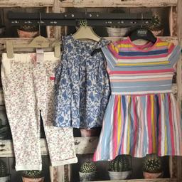 THIS IS FOR A BUNDLE OF GIRLS ITEMS

1 X GIRLS STRIPPED DRESS FROM GEORGE - ONLY WORN A FEW TIMES SO IN EXCELLENT CONDITION
1 X NEXT TUNIC TOP WITH WHITE AND BLUE FLORAL THEME - SILVER THREAD RUNNING THROUGH THE GARMENT - WORN FOR A TWO WEEK HOLIDAY DO IN GREAT CONDITION
1 X CREAM JOGGING PANTS WITH FLORAL THEME - NEVER WORN

PLEASE SEE PHOTO