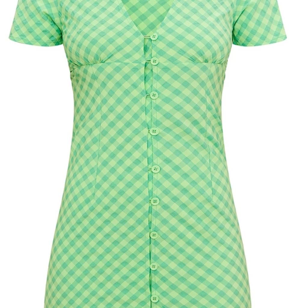 New Pretty little thing green checkered mini shirt button dress size 8