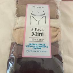 Brand new in pack 
Primark 
5 x pair pack mini in natural’ colours
Size small (10-12) 
£2.50 
Collect Hollingwood