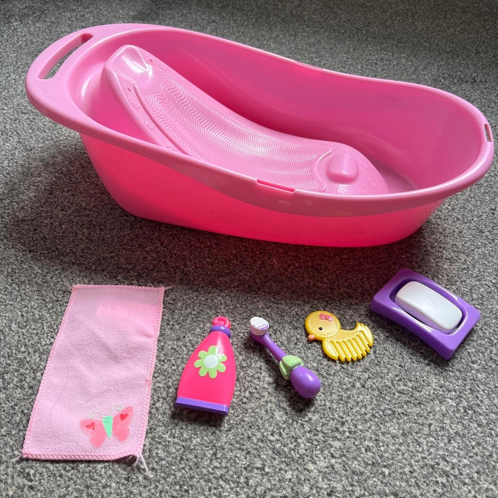 Dolls bath and all original accessories as shown in picture from Smyths website. Slight wear and tear to toothbrush as shown. Still lots of play left in it. From smoke and pet free home
