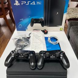 PS4 pro 1tb with 2 controllers like new in box with hdmi cable and controller charging cable all fully working welcome if someone need to test it before they buy it ,, one of the controllers special come with 6 bottoms 2 in the back and the other controller not working don’t know why maybe battery just stop working ,, receipt available you can see at the pictures, no any scratches at all like new the ps4 ,, any question feel free to ask thanks 

Np: no games just ps4 2 controllers Full accessories what in the box 👍