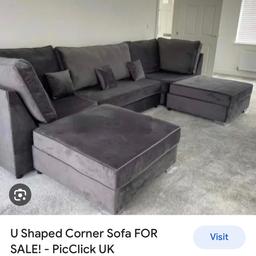 Used velvet grey sofa and two pouffes used like new length 290 cm only collect on person