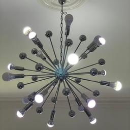Ceiling pendant light, including white and multi coloured Bluetooth bulbs that can be set to white, green, blue or red - a few of the white bulbs need replacing.

Collection or I can deliver to a Wirral address for contribution towards fuel,

Size: Approx 750mm in diameter.