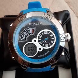 mens henley digital watch waterproof upto 50  metres with chronograph dial  days of the week, alarm,daily and hourly,snooze,12/24 hour format,1/1000 second chronograph with split function,blue back light, brand new in box can post or u collect yourself B192SS