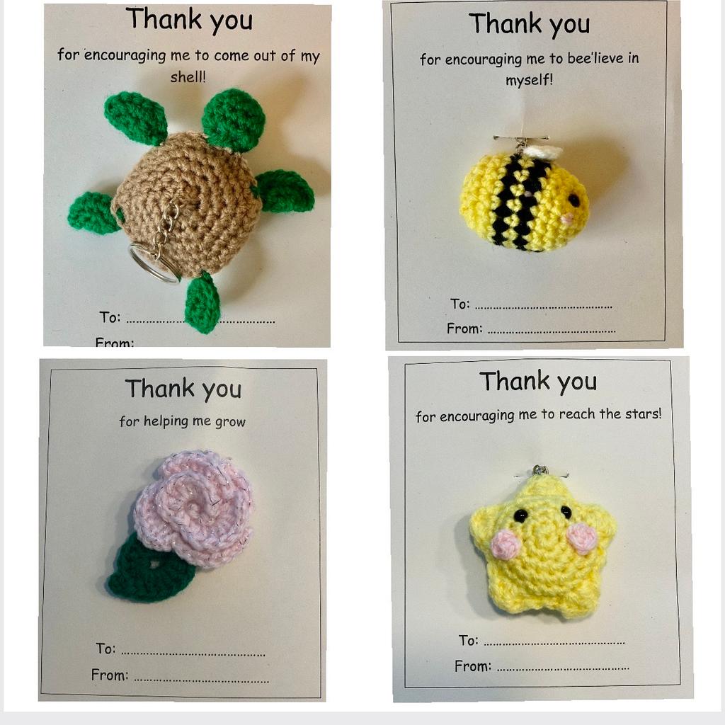 Crocheted key rings with card messages handmade just in time to say THANK YOU to teachers, teaching assistants, dinner supervisors etc.

Buy one for £4 or three for £10
