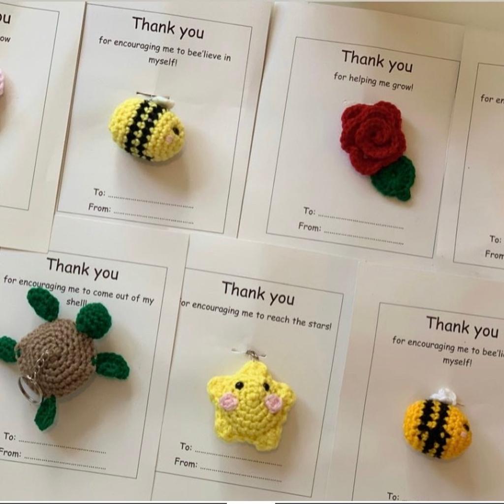 Crocheted key rings with card messages handmade just in time to say THANK YOU to teachers, teaching assistants, dinner supervisors etc.

Buy one for £4 or three for £10