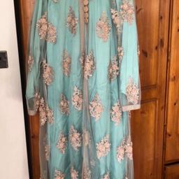 Mint green long dress silver beads on in good condition with scarf and under lining
