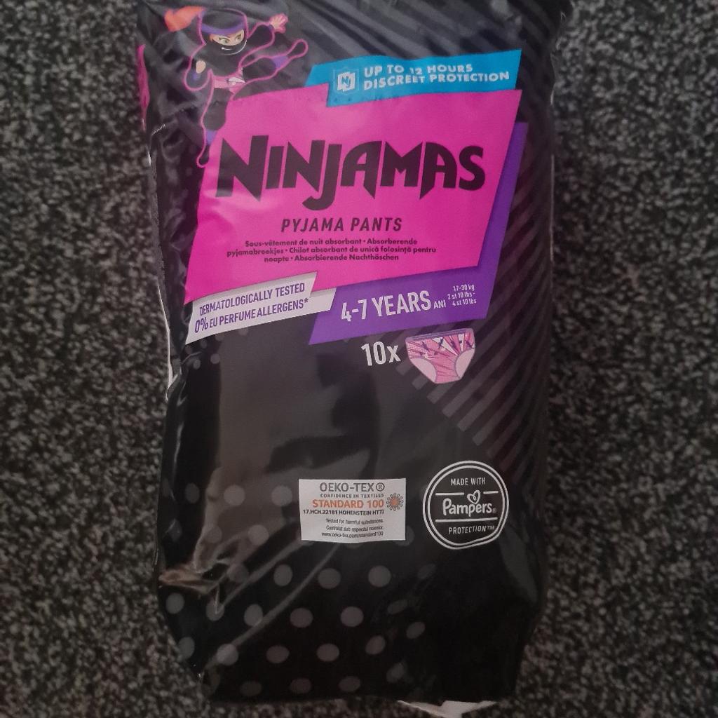girls ninjamas night pants I have 10 packs of 10 at £4 pack. age 4-7yrs weight 17-30kg.