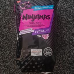 girls ninjamas night pants I have 10 packs of 10 at £4 pack. age 4-7yrs weight 17-30kg.