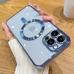 Luxury Plating Clear Magnetic For Magsafe Wireless Charge Case For IPhone 14 Pro Max.  Soft Silicone Cover with camera lenses protection glass. 
Colour available: SKY BLUE