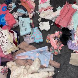 Most never worn, over 100 items of clothing ages 6-12months.

Armani jeans
River island Items 
Shein matching sets
Disney matching sets 
Spanish dresses
Hats 
Leggings
Joggers
Vests
Sleepsuits
Jumpers
T-shirts 
Coats 
All in ones 

Collection bd5