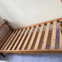 Solid wood Single bed Frame with Slats.
Used condition from a smoke and pet free home.
Mattress not included.
Collection only from Enfield area.
Approx measurements 
Length 79.5 cm
Width 40.5
Height 34.5 cm

