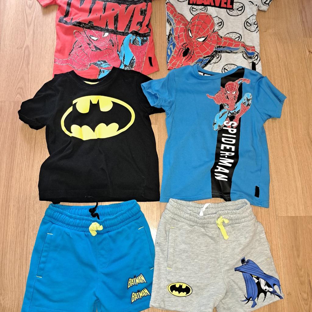 3 spiderman tops from asda
batman top with detachable cape (does say age 4-5 but is same size as other tops)
2 batman shorts from M&S (I have altered these to have an adjustable waist, picture included)

there is some bobbling on some of the tops