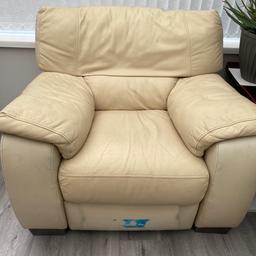 A cream colour real leather recliner. No tears or rips and recliner enables you to lie down straight. Excellent condition . Can be brought with a two seater and three seater set. Cushions also available