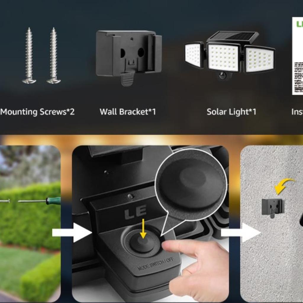 LED Solar Security Light, 1200LM Super Bright Floodlight With Motion Sensor, 3 x Adjustable Heads, IP65 Waterproof Outdoor Use

* Solar Floodlight With 3 x Ajustable Heads Which Can Be Rotated 360 Degrees
* Super Bright 1200LM
* Integrated Motion Sensor. Detection Distance Reach 5-8 Meters. When The Movement Is Detected, Solar Security Light Will Automatically Turn On At Night For 20 Seconds.
* Built-in Rechargeable Battery
* Working Hours: 8-10 Hours
* IP65 Rated Waterproof Function: For Outdoor And Indoor Use
* Easy To Intall. A Package Of Screws And Tools Is Included. No Need Any Extra Wire.
* Please Face The Solar Panel Direct To Sunlight For Better Charging Effect.
* Suitable For House Front, Garden, Driveway, Garage, Pathway, Shed, etc.

Collection at Birmingham City Centre Area (B9 5DQ), Outside Clean Air Zone