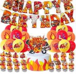 Firefighter Theme Birthday Party Decoration Red Orange Fire Happy Birthday Banner Cake Topper Balloons for Boys Firefighter Party Supplies