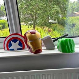 4 avengers wall lights, They are supposed to have stickers what go behind them but these have been used, can get the stickers cheap enough on eBay! £10 for each light or £30 for all.