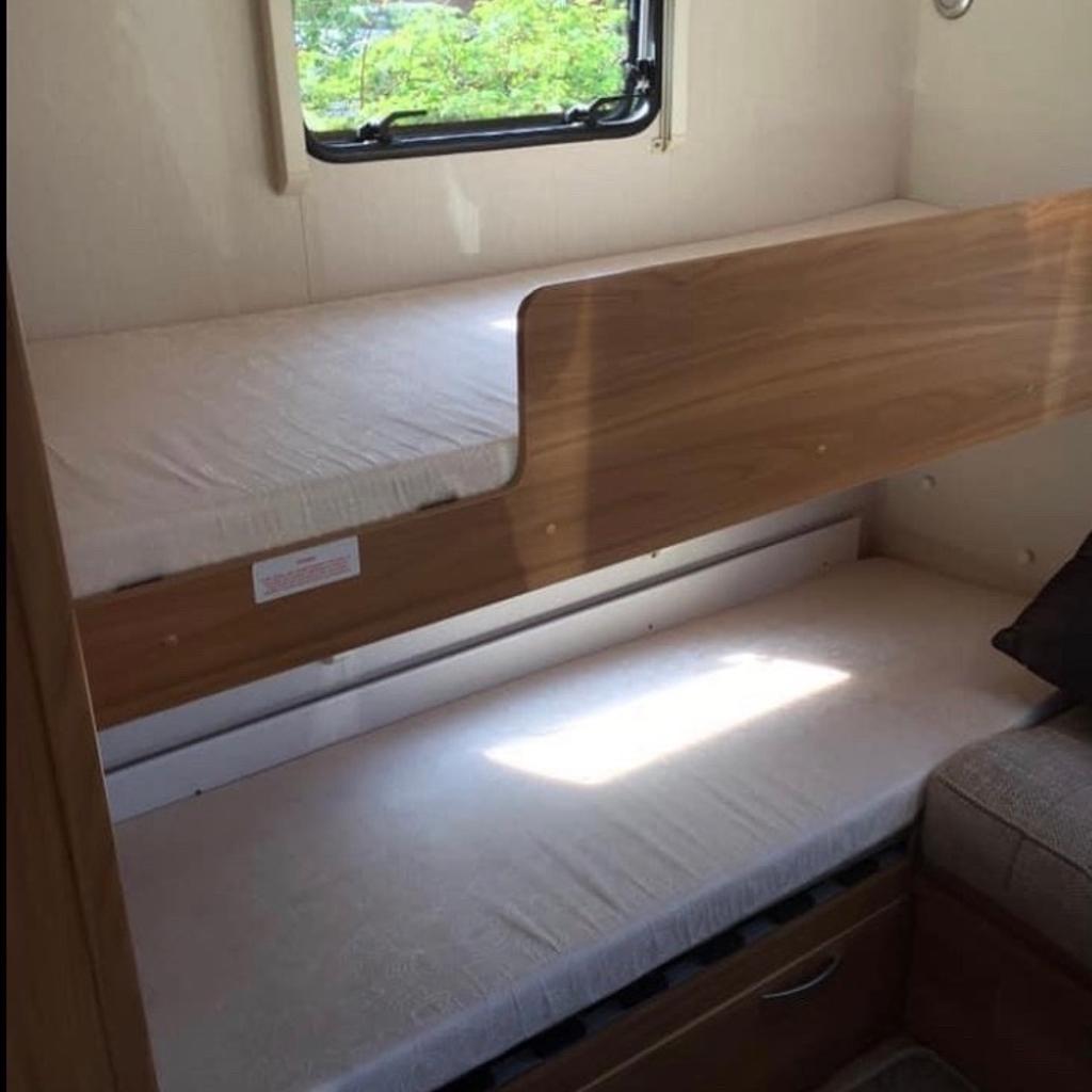 2013
6 berth, front seats make a double bed,
Side fixed bunk beds with ladders,
Dining area turns into another set of bunk beds.
Extras included:
Caravan protector for front window (pro tec cover)
Red Alko rim insert,
Battery,
LoJack Hydraulic caravan Jack, caravan motor mover,
Manuals
More photos on request x