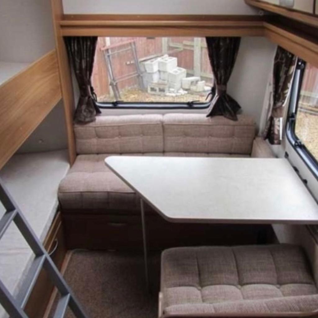 2013
6 berth, front seats make a double bed,
Side fixed bunk beds with ladders,
Dining area turns into another set of bunk beds.
Extras included:
Caravan protector for front window (pro tec cover)
Red Alko rim insert,
Battery,
LoJack Hydraulic caravan Jack, caravan motor mover,
Manuals
More photos on request x