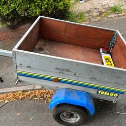 Metal trailer, mud guard on one side is loose. We can't test the lights as we no longer have the fitting for the car. Welcome to test before sale, sold as seen hence price. Collection only B43