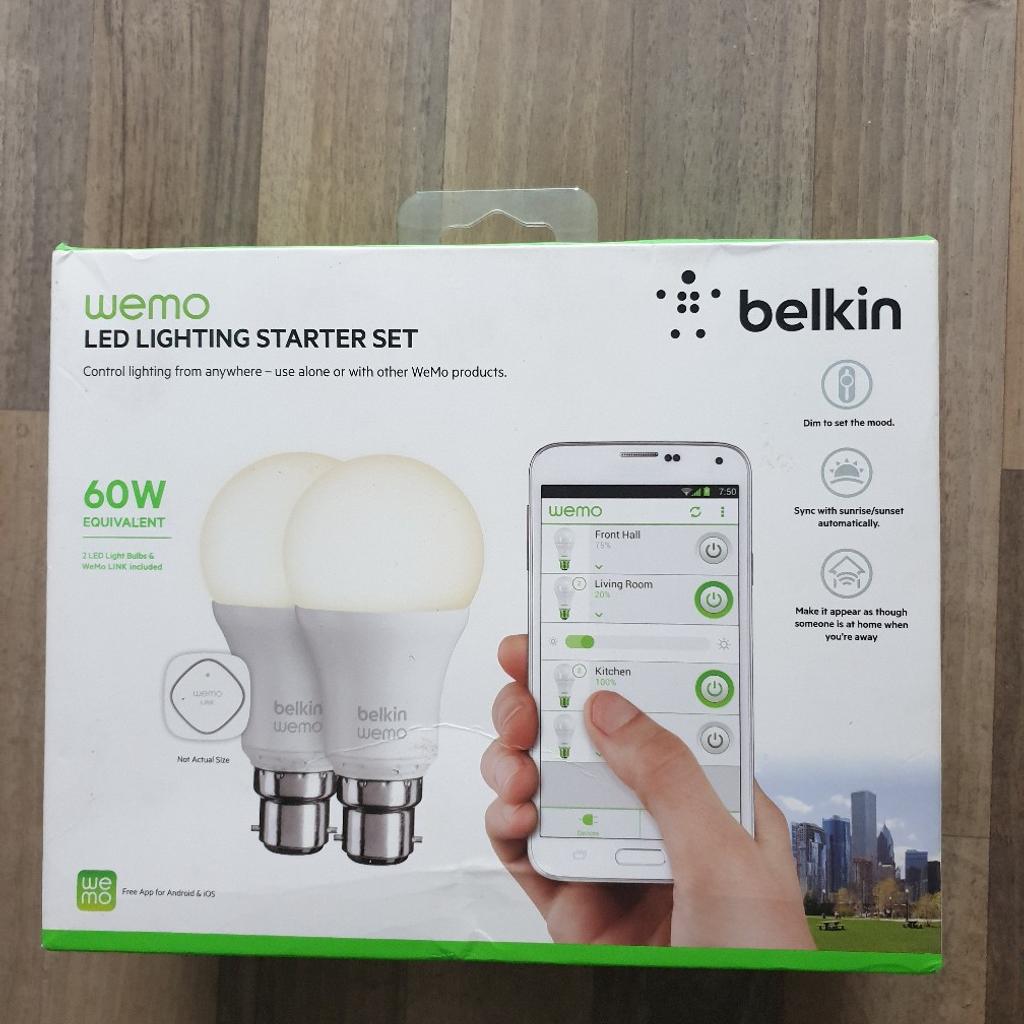 The Wemo® LED Lighting Starter Set is a bundled set of two Wemo Smart LED Bulbs (60w bayonet, B22) bright warm light and a Wemo Link plug-in hub that allows you to control, schedule and dim your wireless lighting from anywhere using the Wemo App.  Simply replace your existing regular bulbs with the Wemo Smart LED Bulbs included in the kit. 2 starter kits available, same bulb fitting.