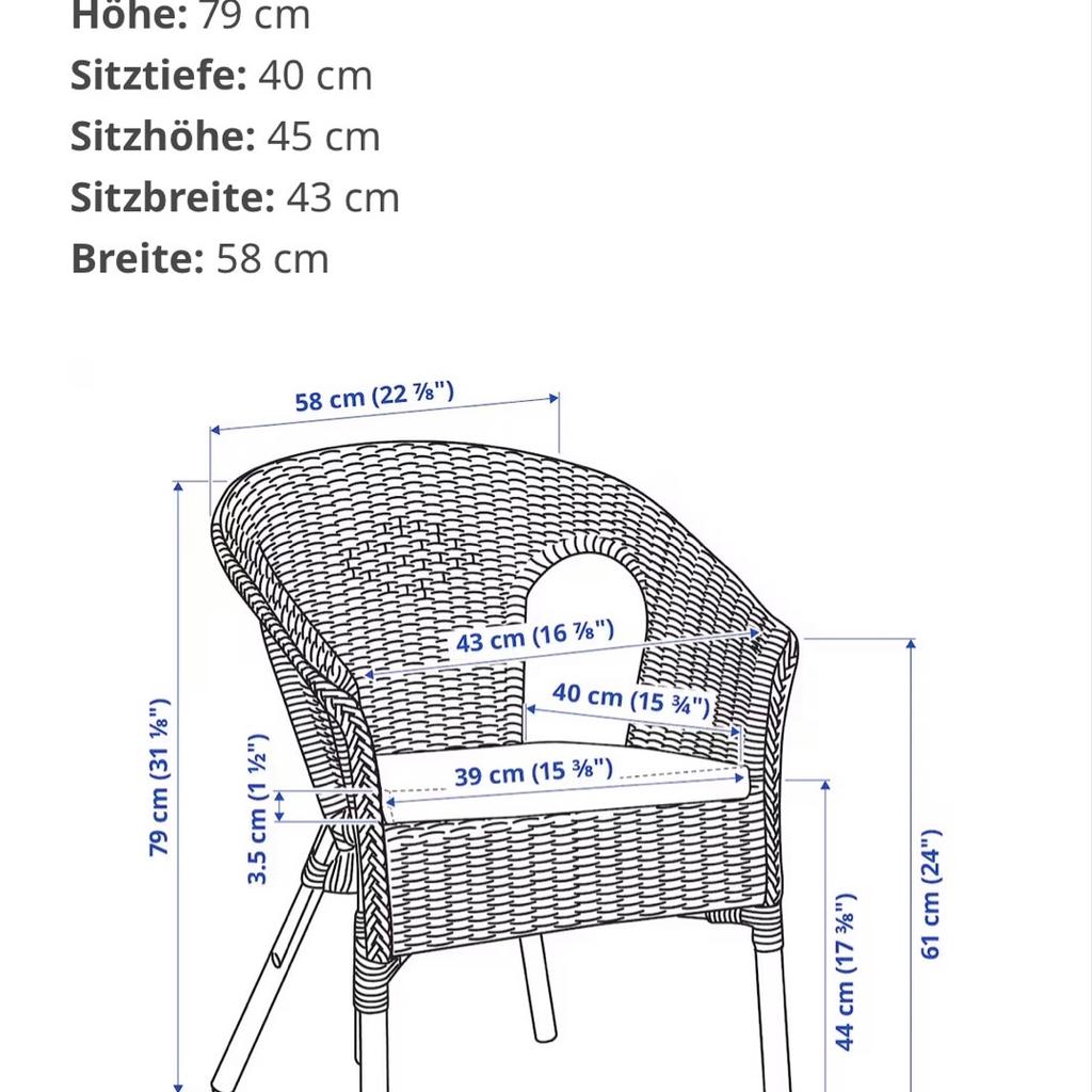 Klassischer Rattensessel. SET (zwei Stühle). Stuhl/Bistro-Sessel. Balkonsessel. Er ist luftig, bequem und lässt sich dank seines geringen Gewichts leicht umpositionieren. Eine tolle Methode, die Natur in dein Zuhause einzuladen. Rattan ist ein Naturmaterial, das wunderschön altert und mit der Zeit einen ganz eigenen einzigartigen Charakter bekommt. Zustand: gut. Farbe Natur. OHNE KISSEN. SET (zwei Stühle) = 35€. Nichtraucher. kein Haustier. Der Artikel wurde abgedeckt und in der Wohnung aufbewahrt.
Maße:
Tiefe: 56 cm
Höhe: 79 cm
Sitztiefe: 40 cm
Sitzhöhe: 45 cm
Sitzbreite: 43 cm
Breite: 58 cm
WICHTIG: Bitte NUR Selbstabholung. Und Bezahlung per Abholung. Einige Käufer haben es leider nicht gelesen und es kam zu Missverständnissen. Danke!